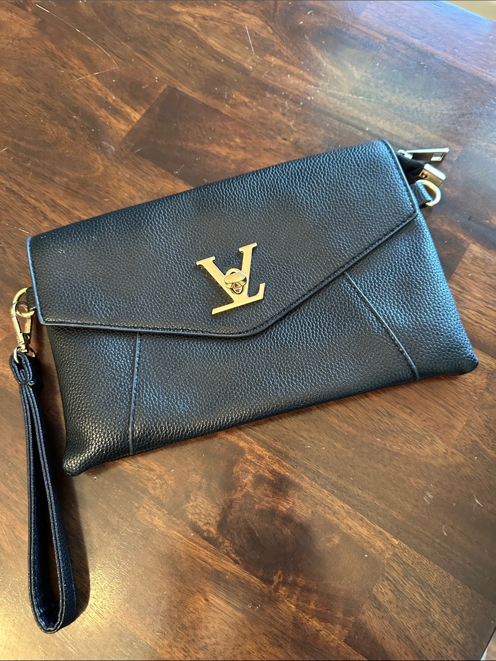 Louis Vuitton Black Leather Envelope Wristlet with Gold LV Emblem